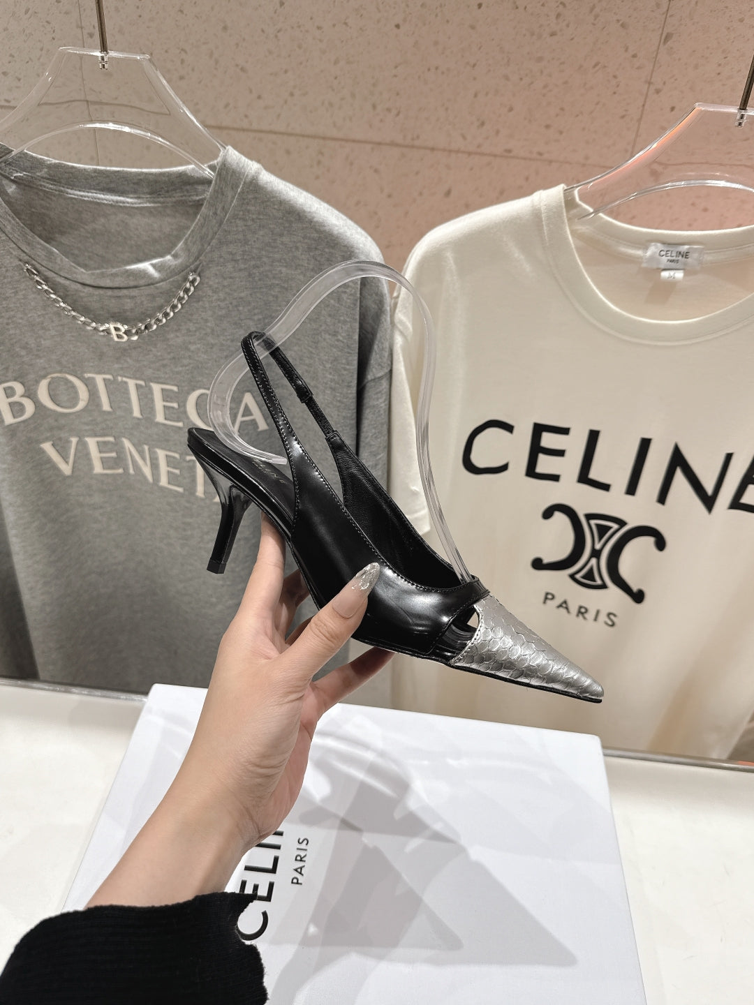 Celine 25C Slingback Pump Black mix Silver Sheepskin 236772