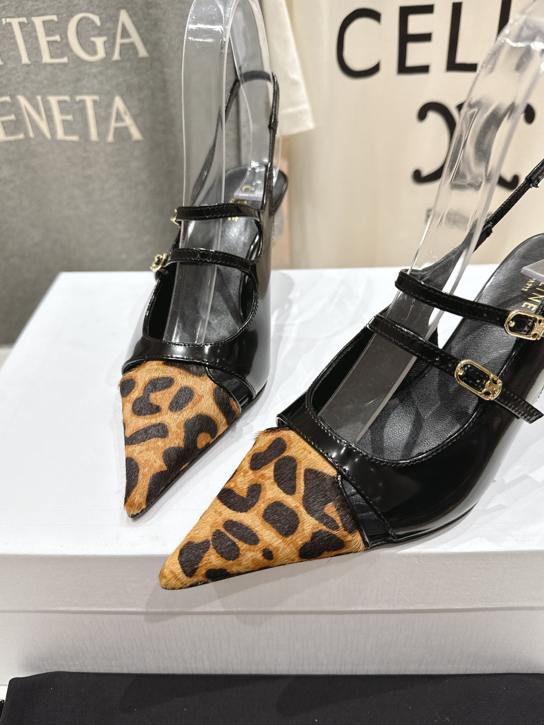 Celine 25C Judy Double Strap Mary Jane Slingback Black mix Brown Sheepskin 236777