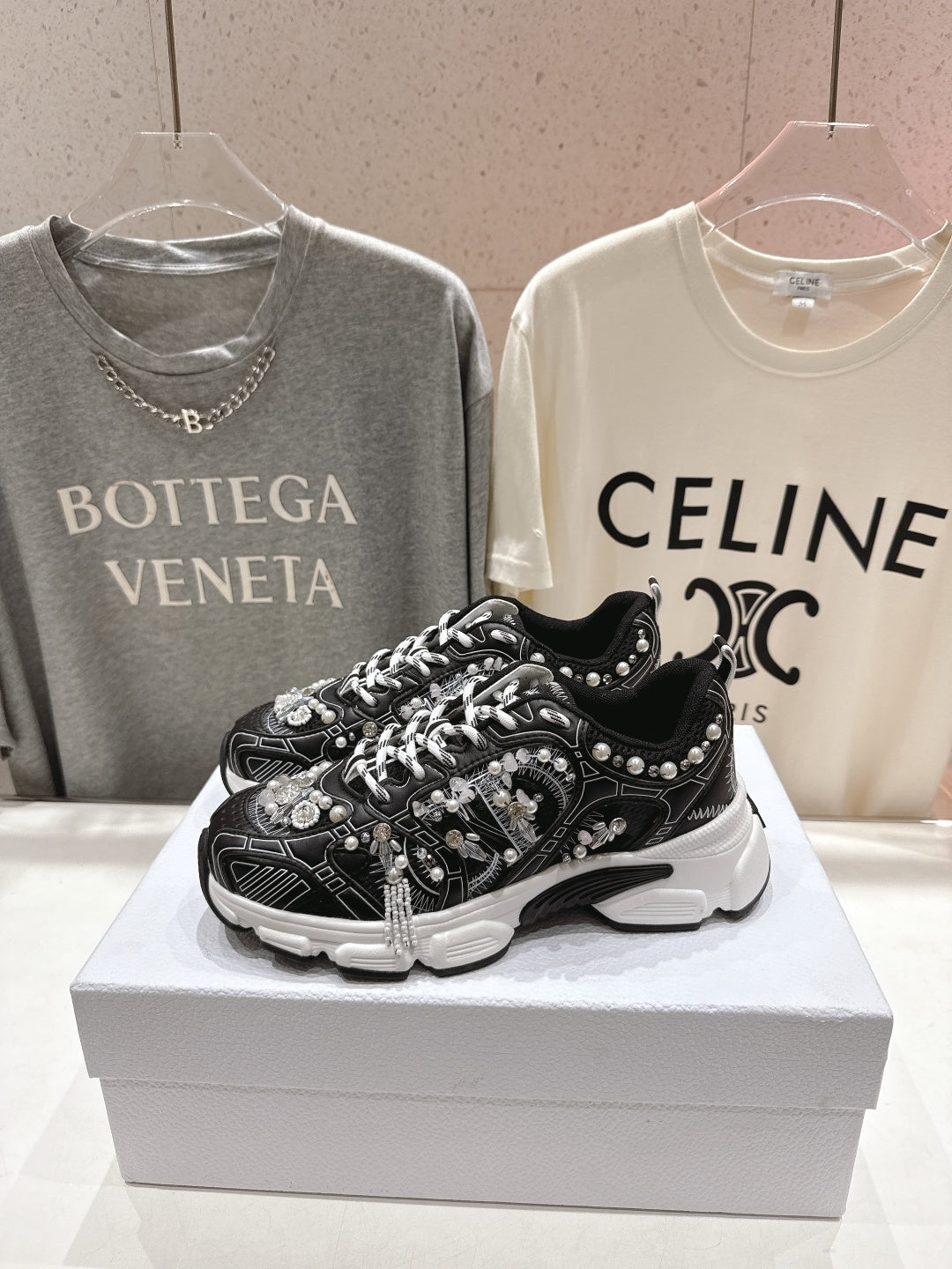 CD 25s Sneaker In Black Lambskin And Mesh Fabric With Pearl Detailing