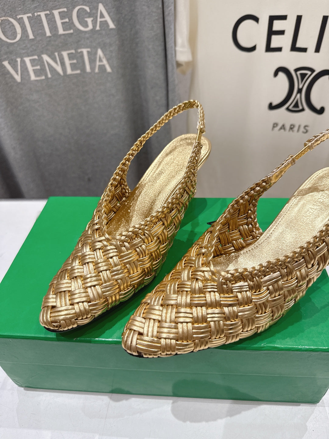 BV Parco Open-Back Sandals 5.5cm Gold Intrecciato Woven Leather 794443