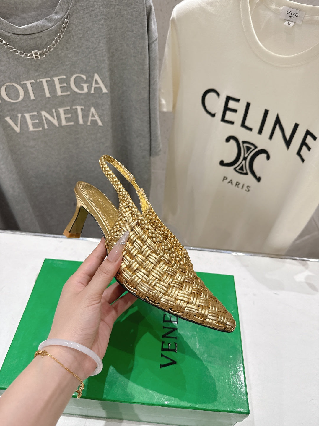 BV Parco Open-Back Sandals 5.5cm Gold Intrecciato Woven Leather 794443