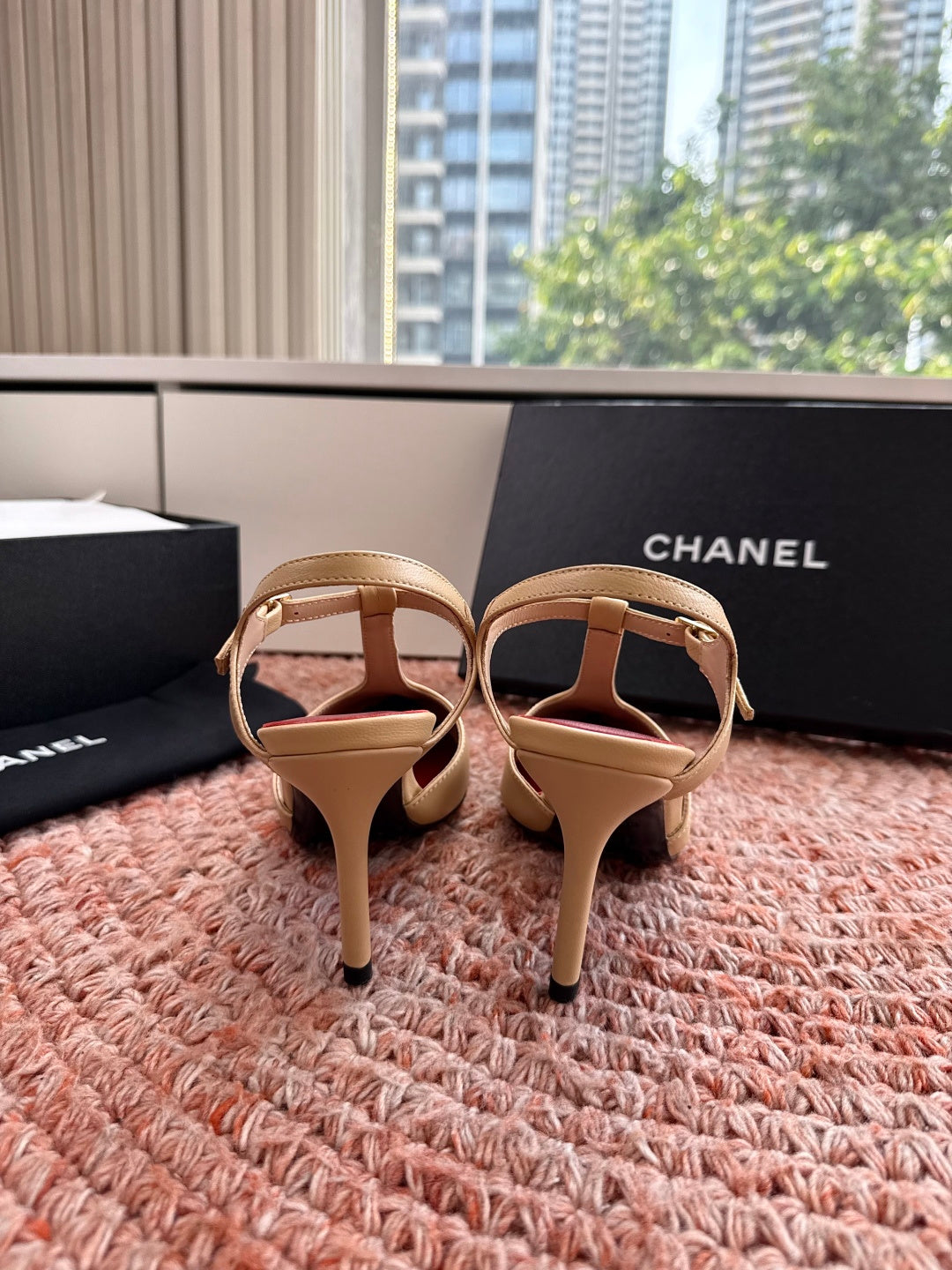 CC 26s T-Strap Slingback Pumps Beige Black Leather 933225