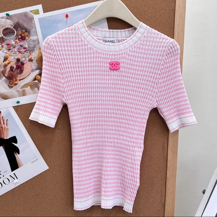 Chanel 2026 Knit Short-Sleeve T-Shirt White Pink Tencel 463388