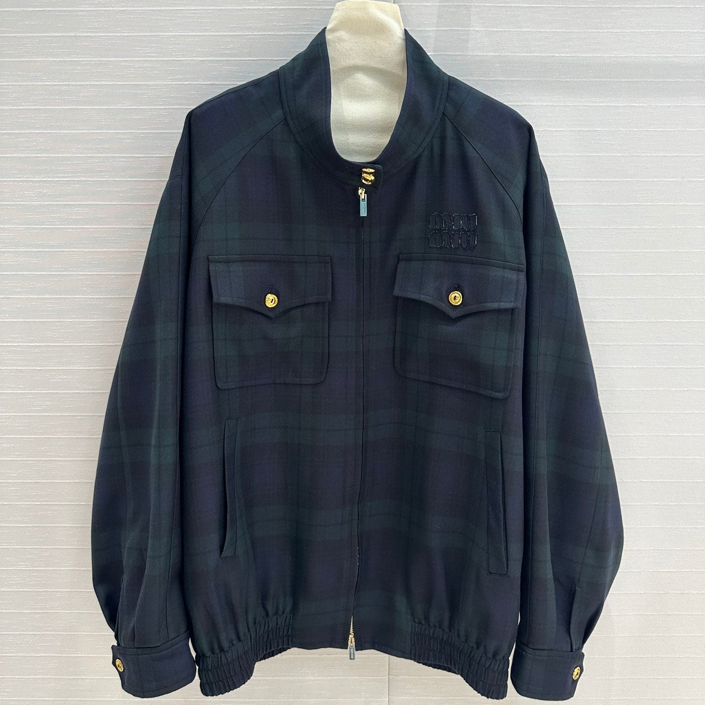 Miu Miu Plaid Drop Shoulder Jacket Green Blue Wool