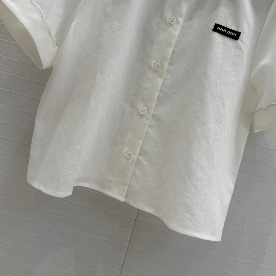 Miumiu 25 Double-layer Collar Shirt White Linen Cotton