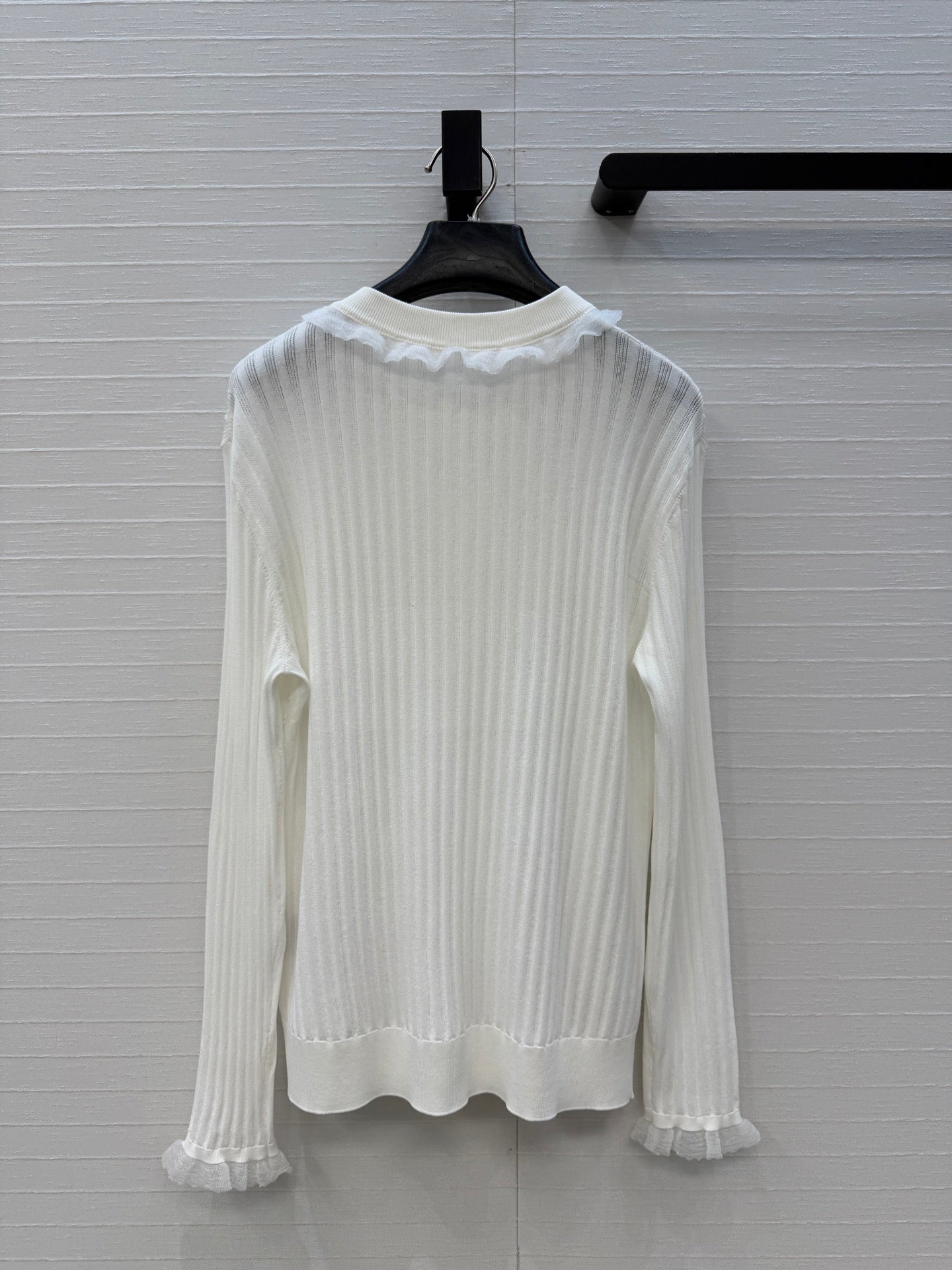 HM Long-Sleeve Sweater With Ruffled Details White Modal Nylon