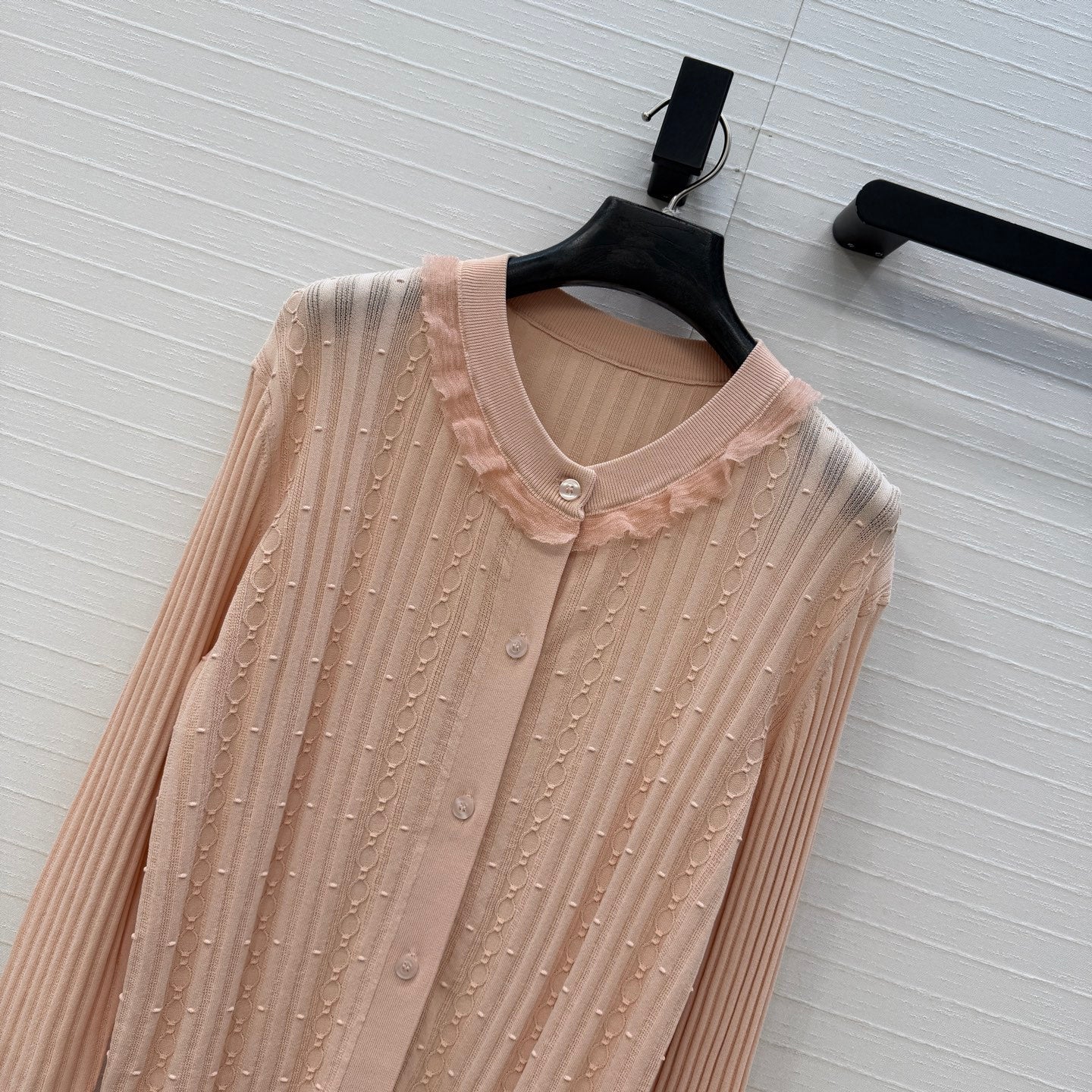 HM Long-Sleeve Sweater With Ruffled Details Beige Modal Nylon