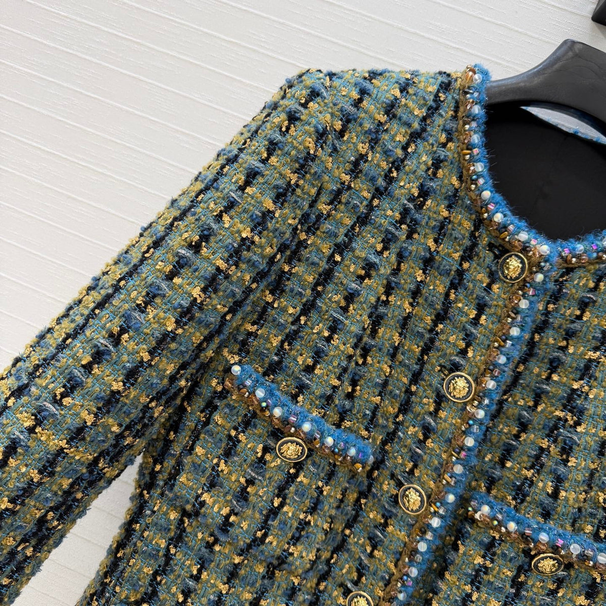 CC 25A Blue Gold Tweed Beaded Trim Lion Button Jacket 425955