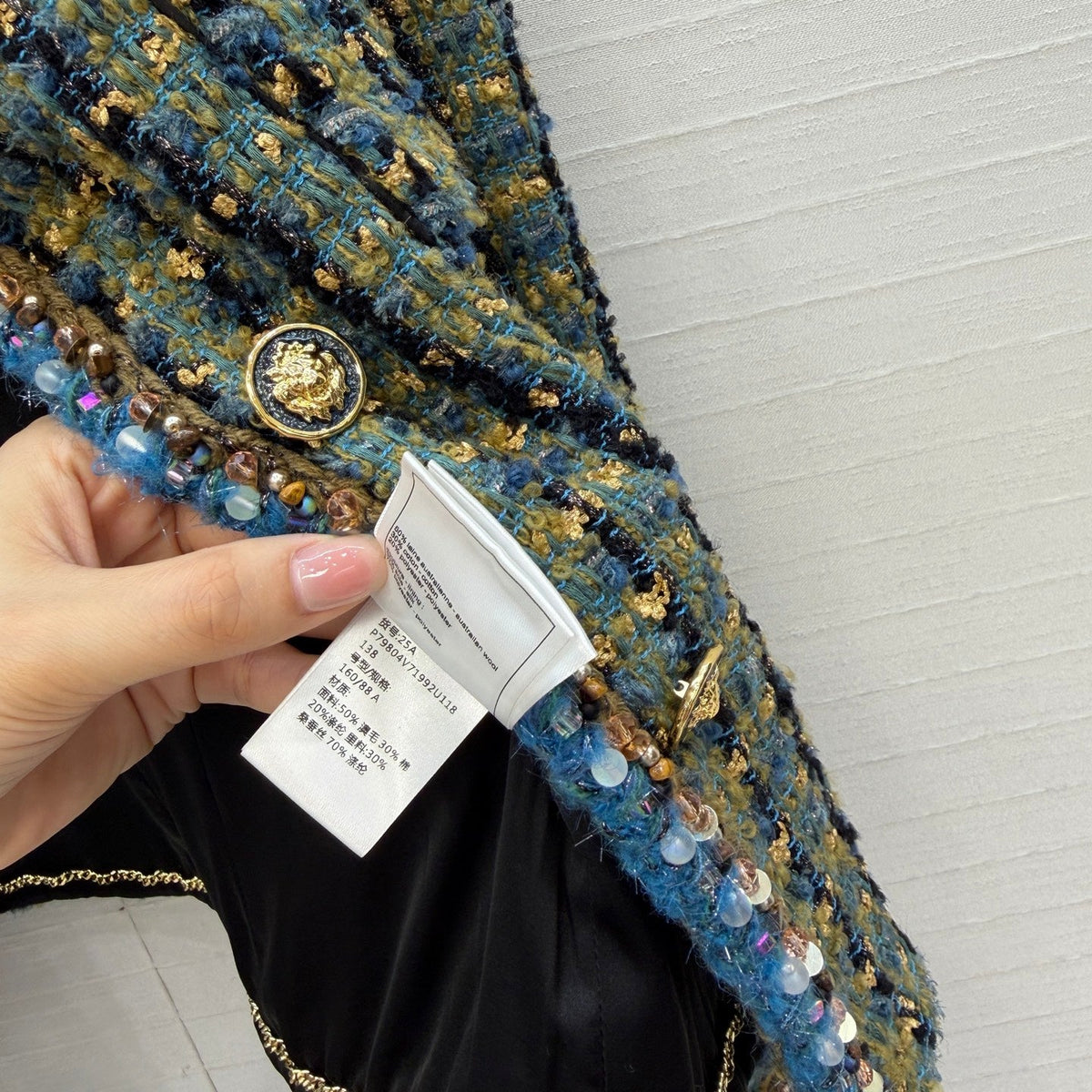 CC 25A Blue Gold Tweed Beaded Trim Lion Button Jacket 425955