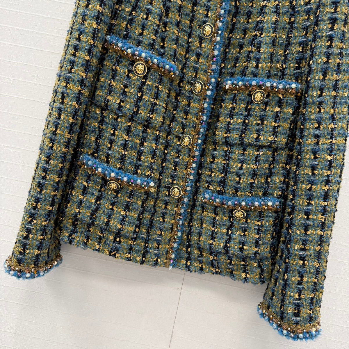 CC 25A Blue Gold Tweed Beaded Trim Lion Button Jacket 425955