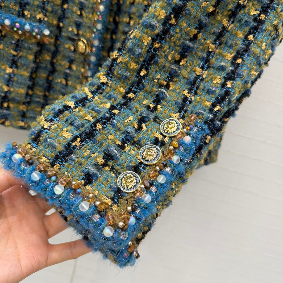 CC 25A Blue Gold Tweed Beaded Trim Lion Button Jacket 425955