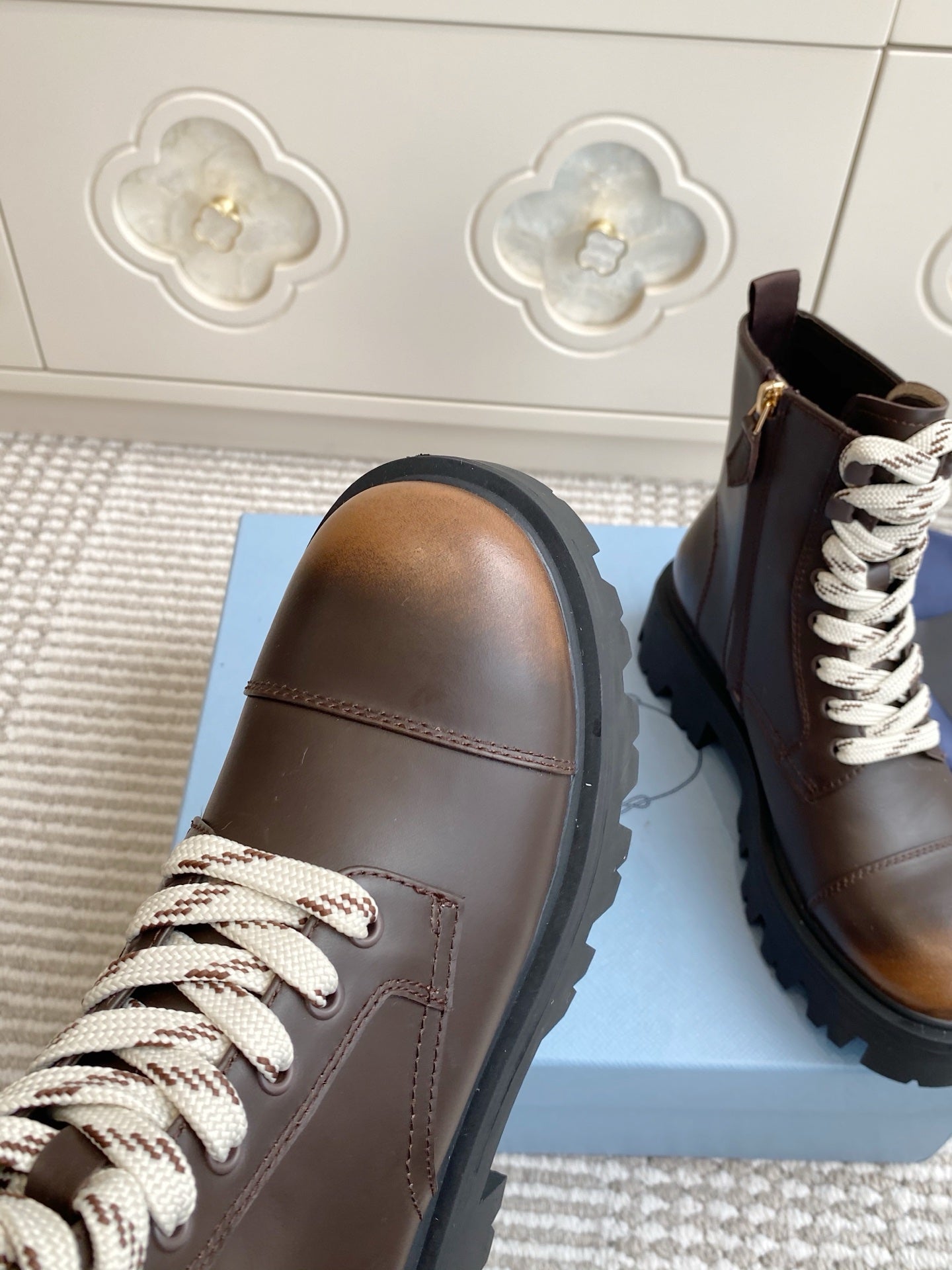 Prada 26s Combat Boots Coffee Leather 957397