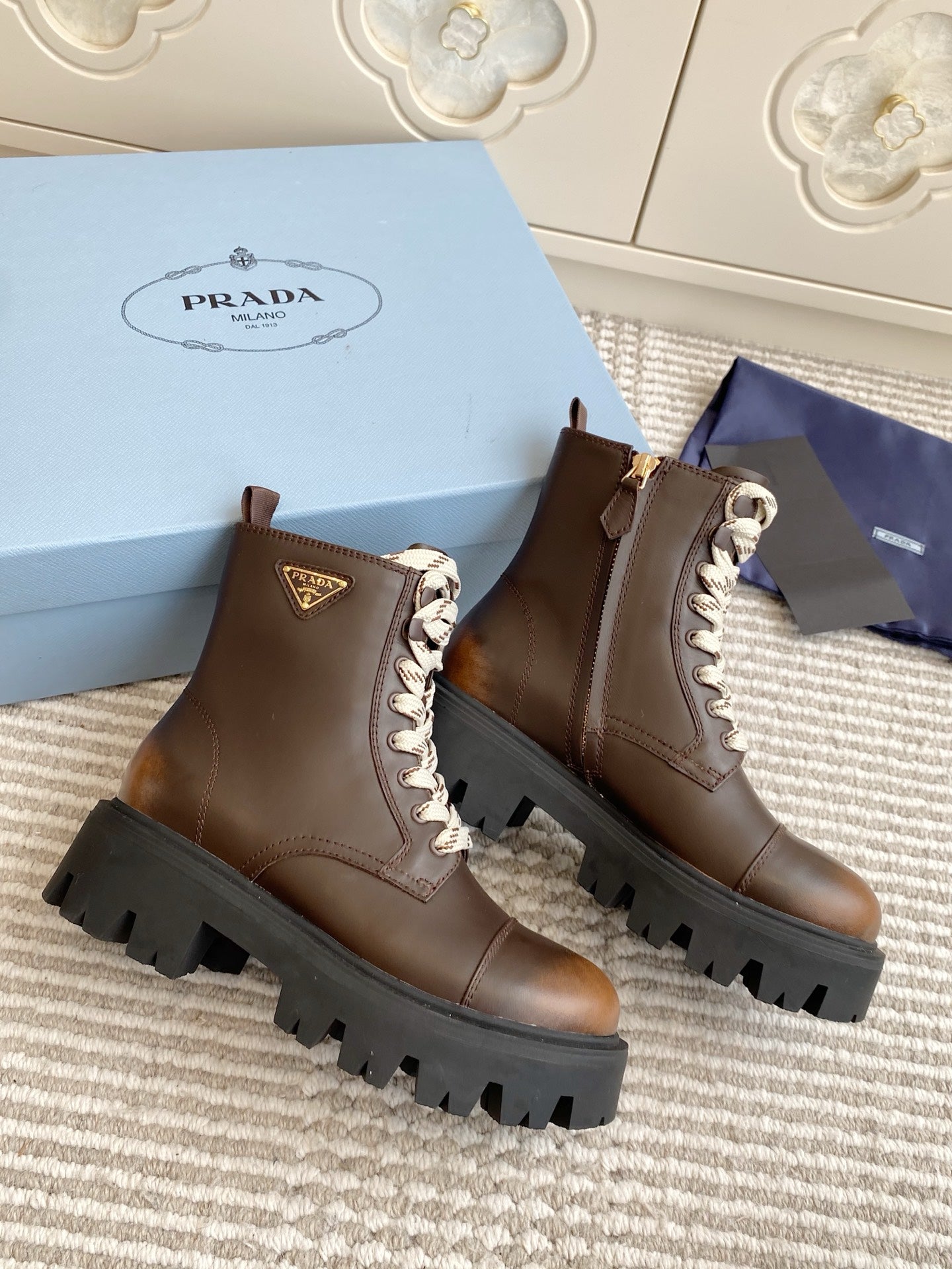 Prada 26s Combat Boots Coffee Leather 957397