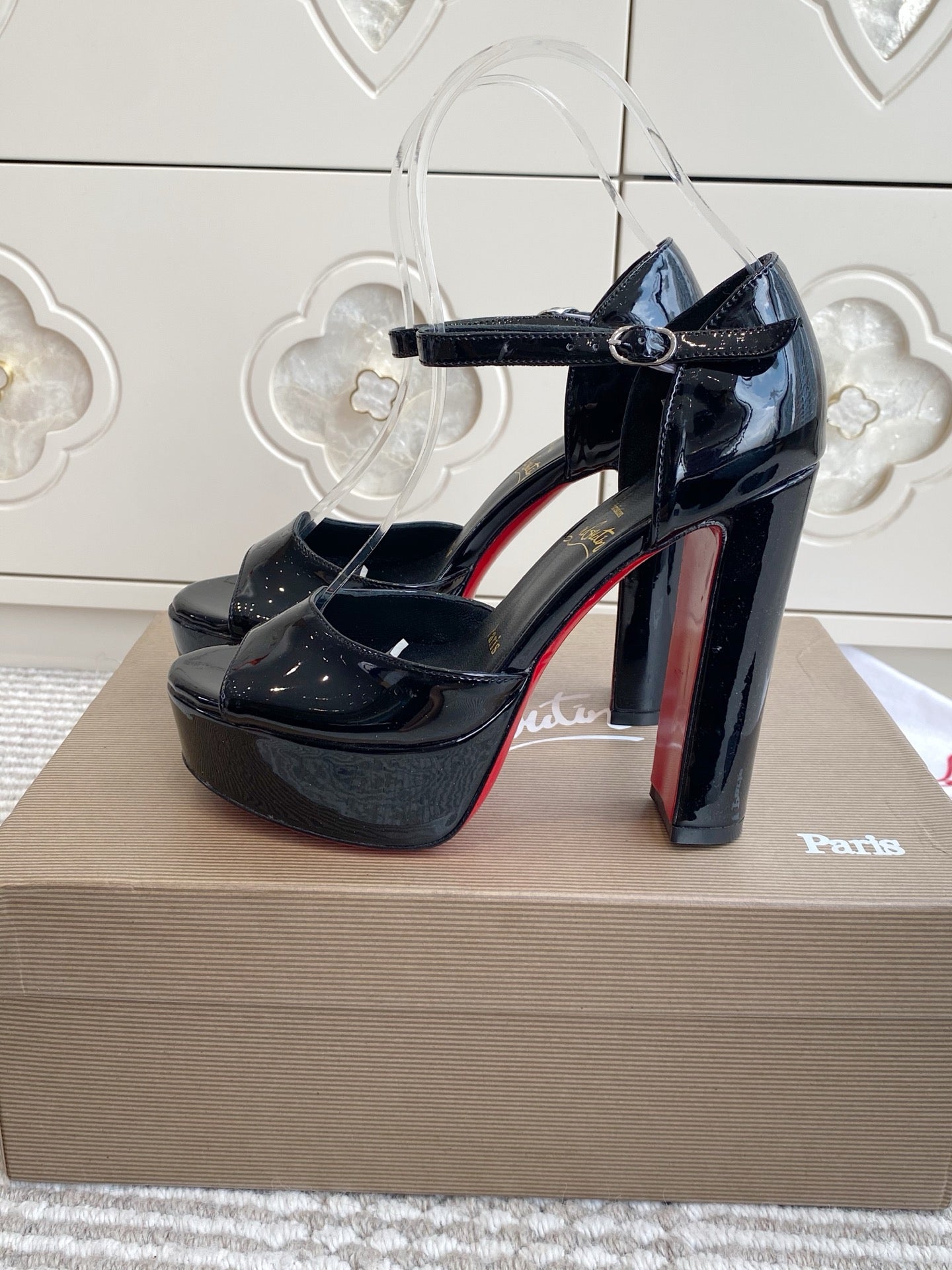 CL Sandaloo Ankle-Strap Platform Sandal Black Patent Leather 542786