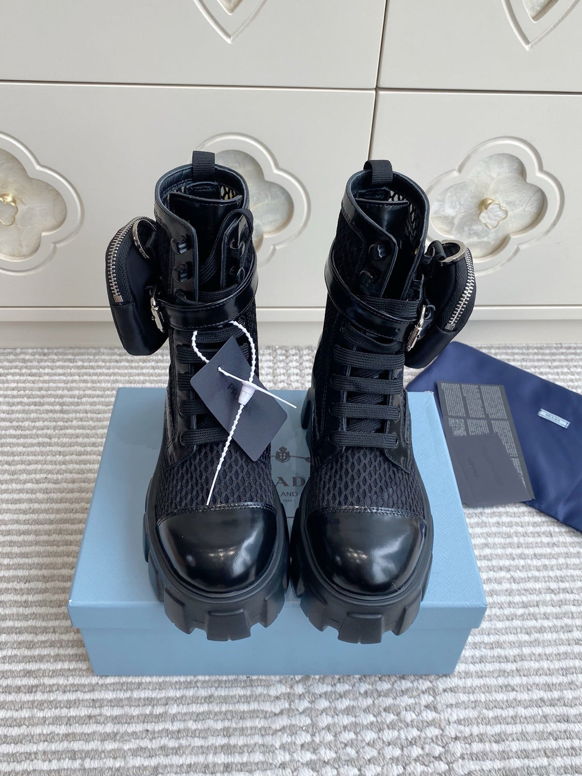 Prada 26s Combat Boots Black Mesh Leather 140366