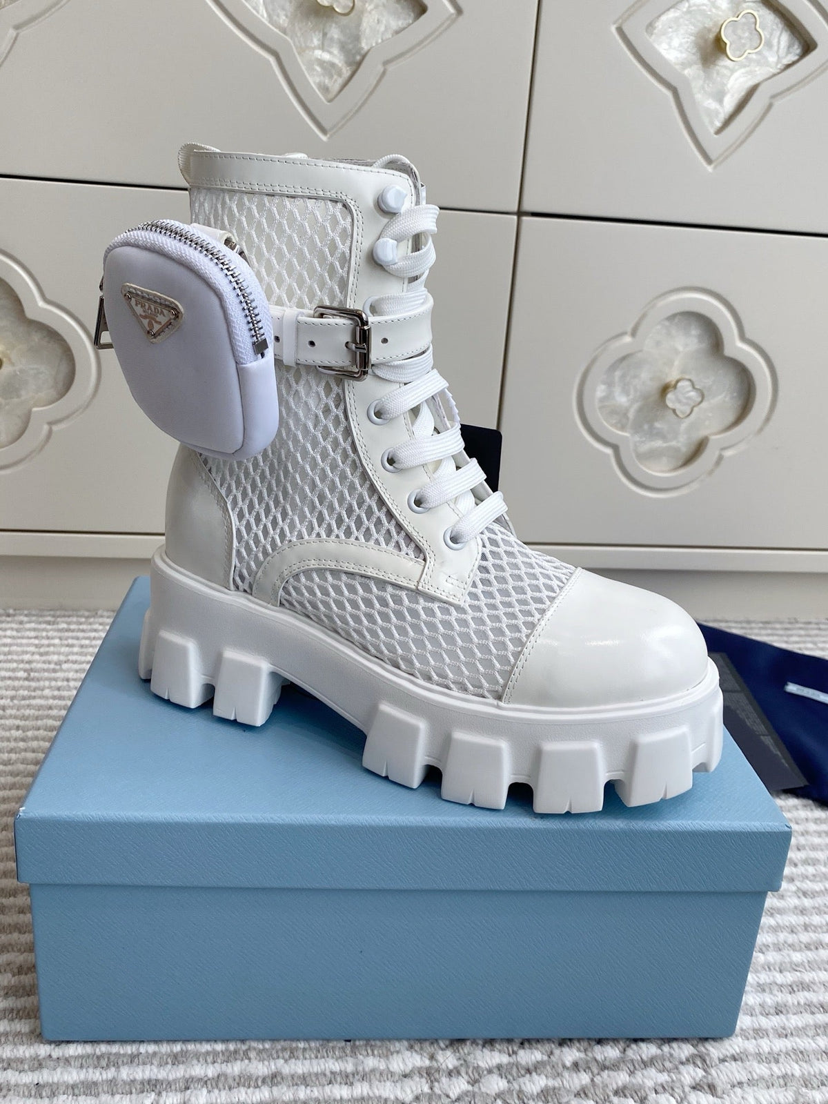 Prada 26s Combat Boots White Mesh Leather 140367
