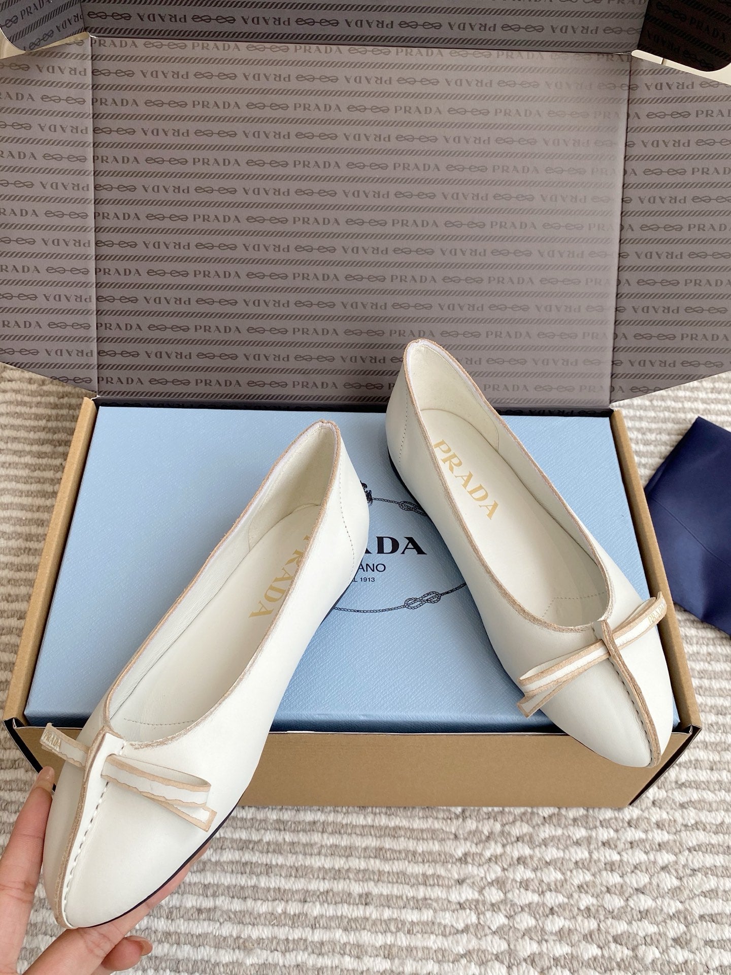 Prada 26s Antiqued Ballerinas Chalk White Lambskin 859009