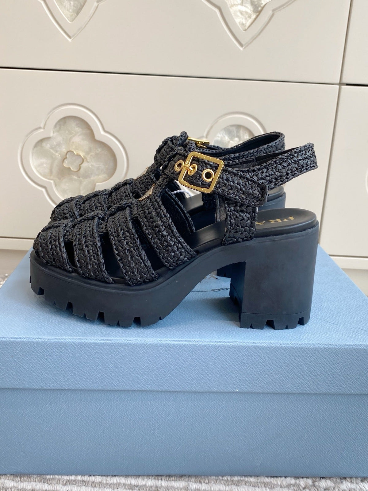 Prada 26s Fisherman Platform Sandals 8.5cm Black Raffia 122238
