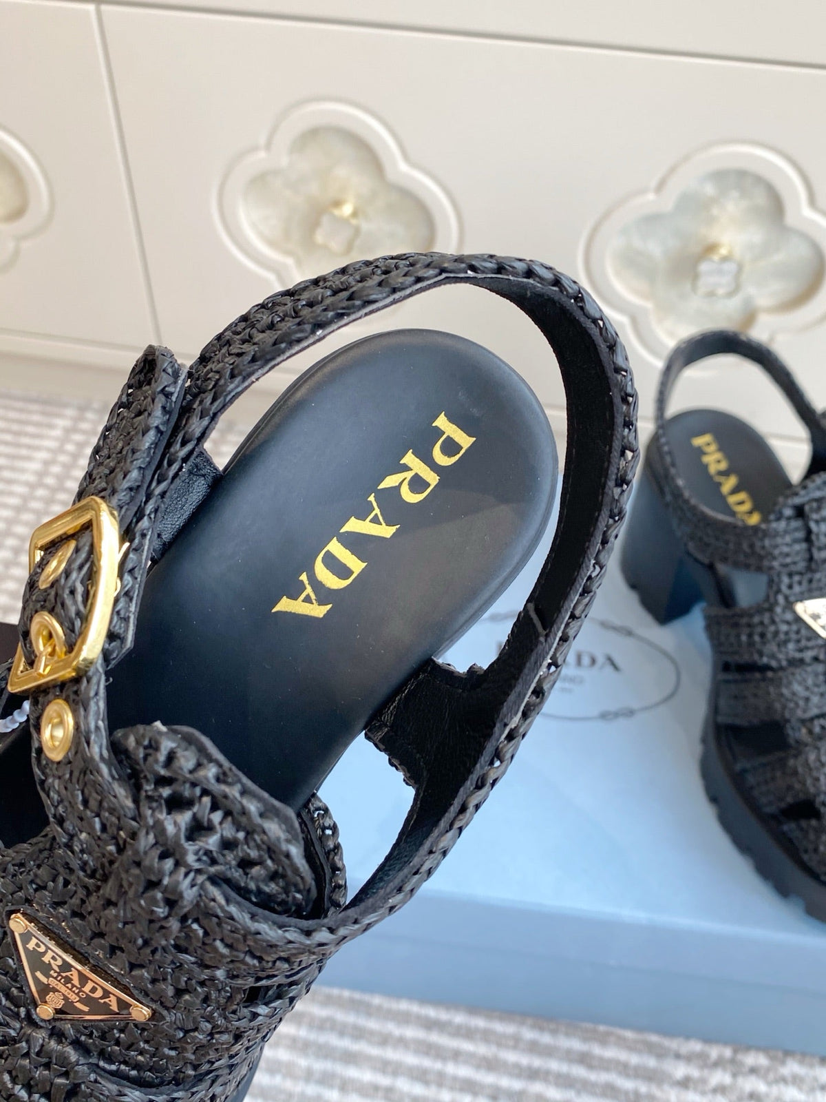 Prada 26s Fisherman Platform Sandals 8.5cm Black Raffia 122238