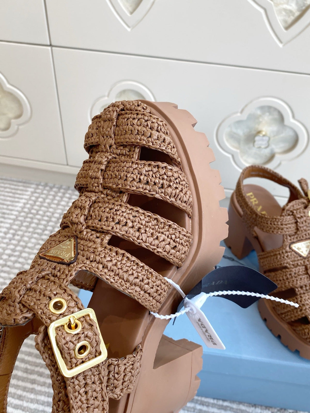 Prada 26s Fisherman Platform Sandals 8.5cm Brown Raffia 122239