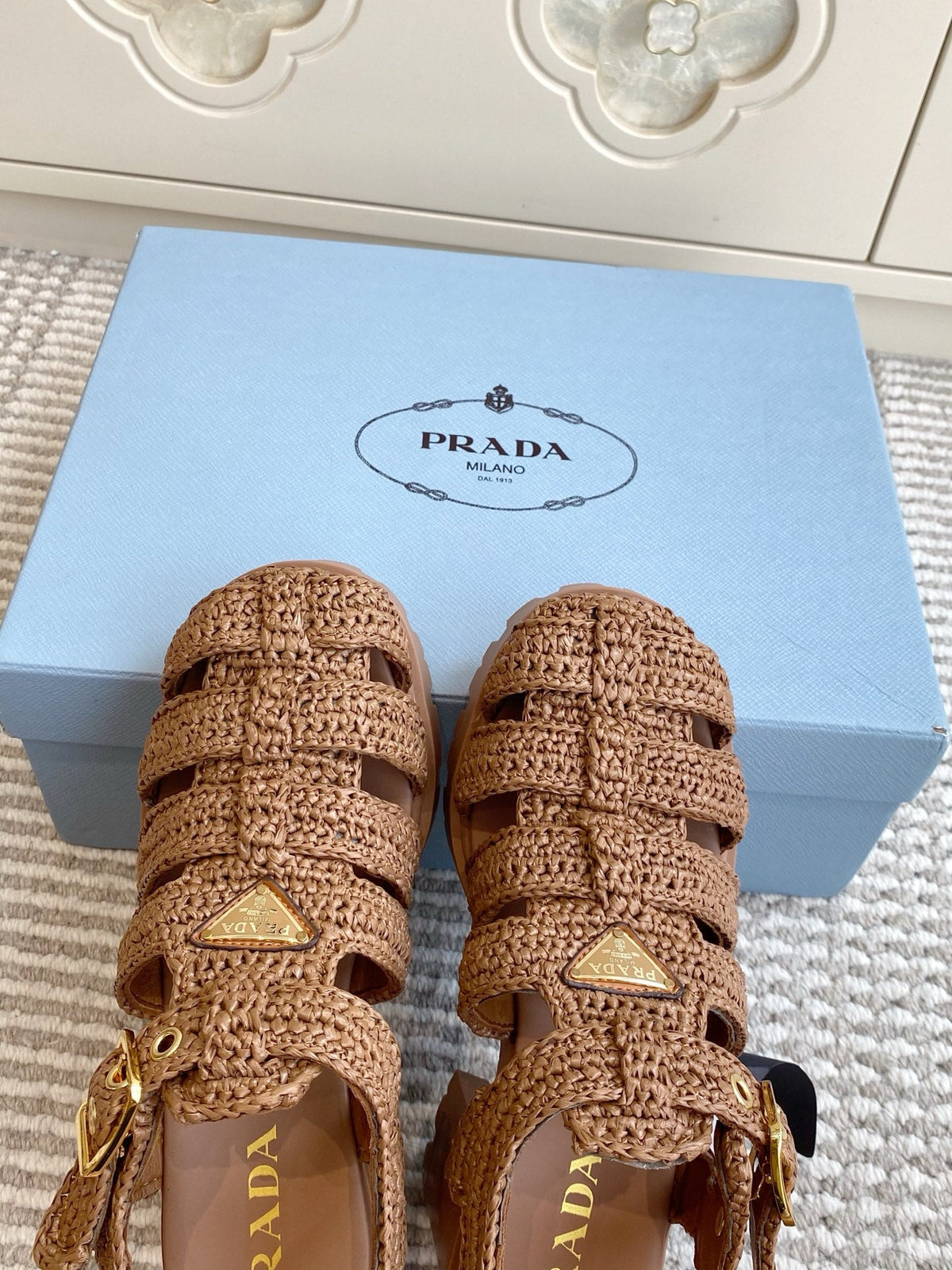 Prada 26s Fisherman Platform Sandals 8.5cm Brown Raffia 122239