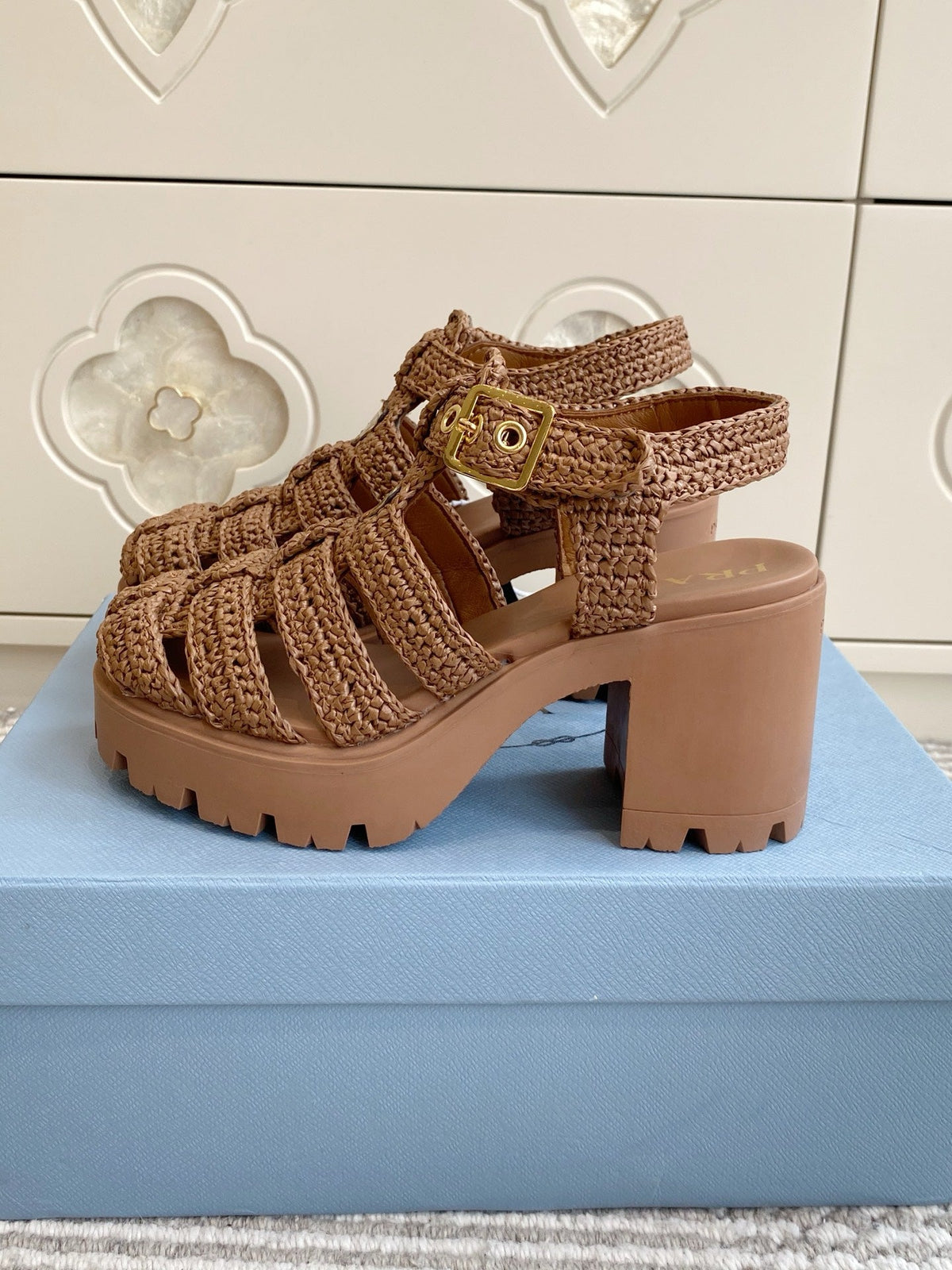 Prada 26s Fisherman Platform Sandals 8.5cm Brown Raffia 122239