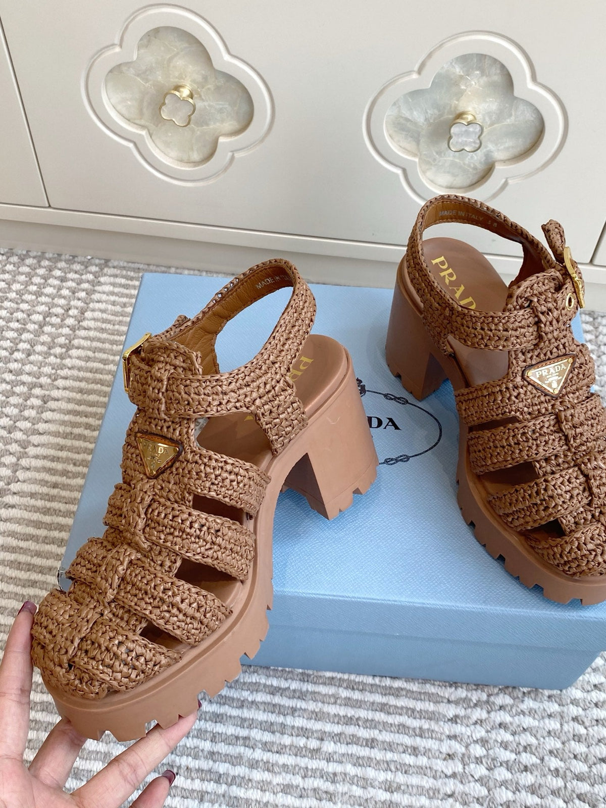Prada 26s Fisherman Platform Sandals 8.5cm Brown Raffia 122239