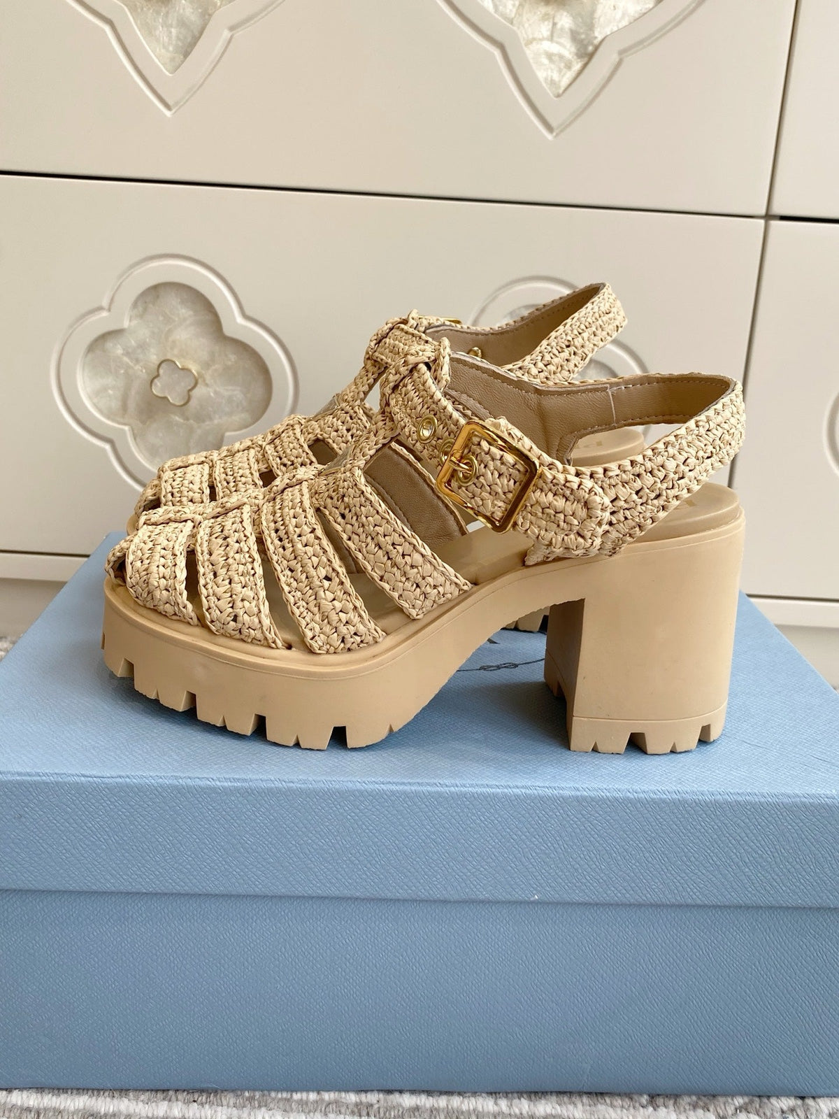 Prada 26s Fisherman Platform Sandals 8.5cm Beige Raffia 122240
