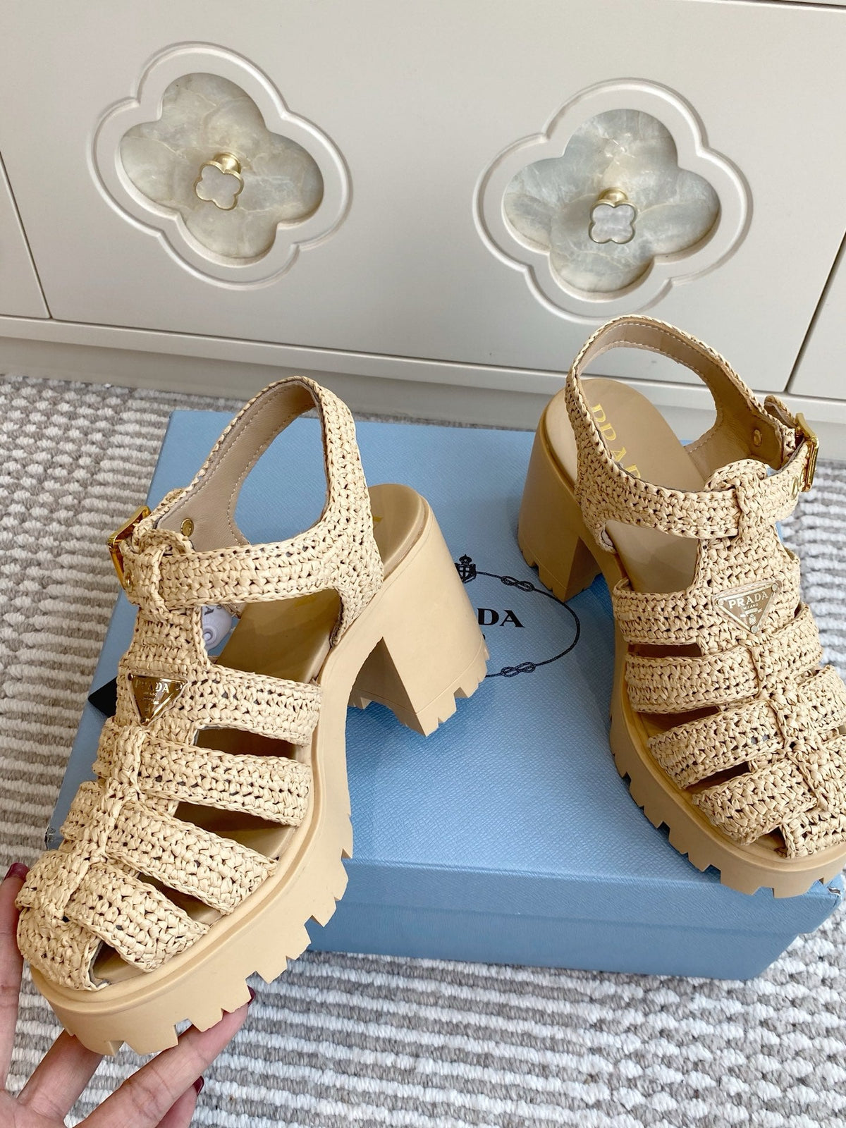 Prada 26s Fisherman Platform Sandals 8.5cm Beige Raffia 122240