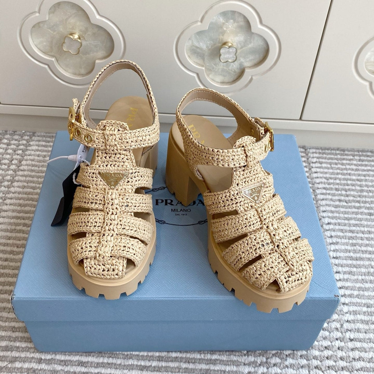Prada 26s Fisherman Platform Sandals 8.5cm Beige Raffia 122240