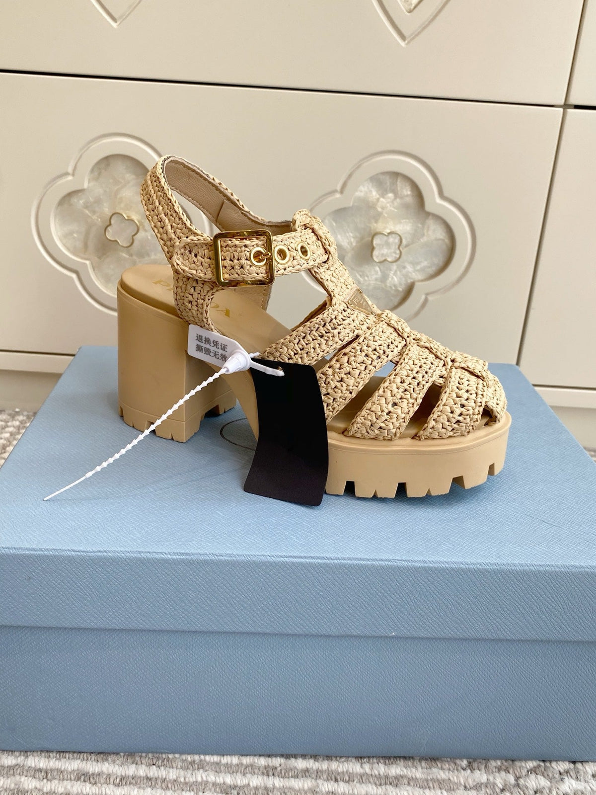 Prada 26s Fisherman Platform Sandals 8.5cm Beige Raffia 122240