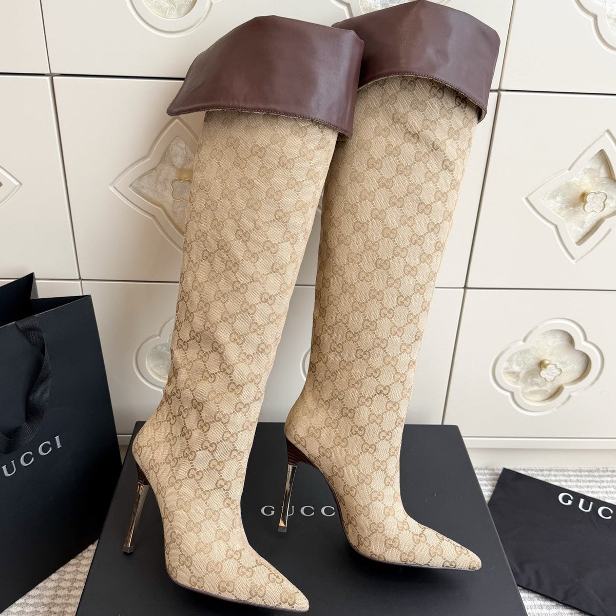 GG 26s Over The Knee Boots 8.5cm Beige Brown GG Canvas Leather 122058