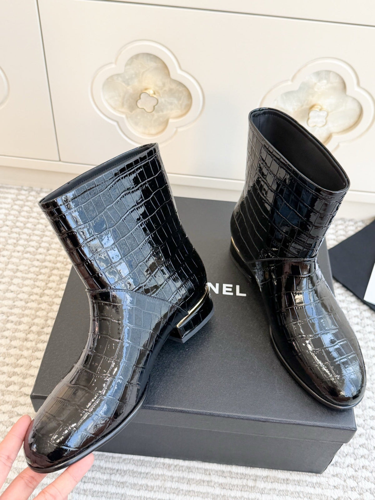 CC 26s Croc Embossed Ankle Boots Black Patent 122039