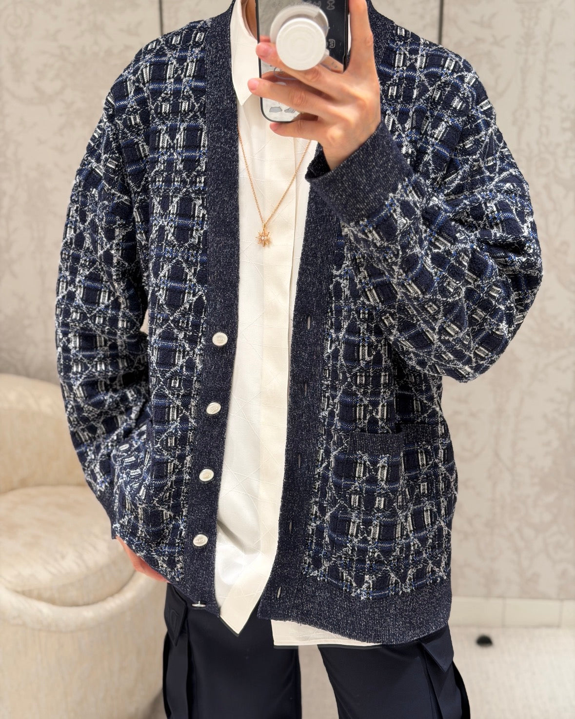 CD Oversized Cannage Cardigan Navy Blue Cotton-Blend Knit