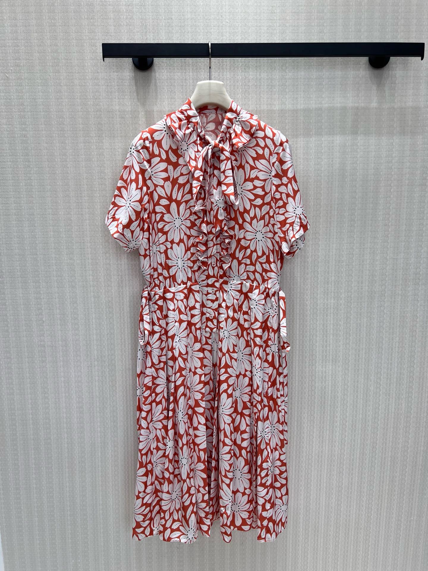 Prada 26s Floral Tieneck Midi Shirtdress Orange White Viscose Acetate 397684