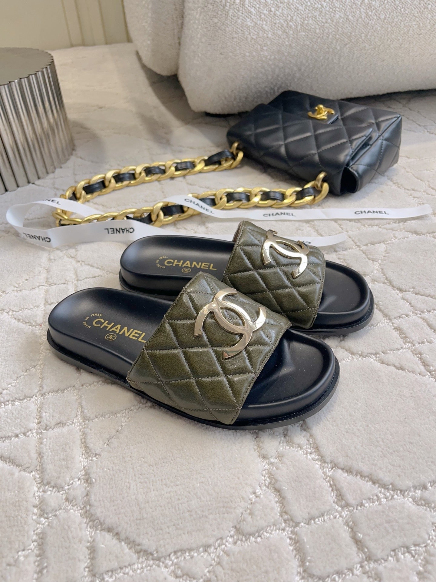 CC Logo Slide Black Olive Quited Lambskin 723795