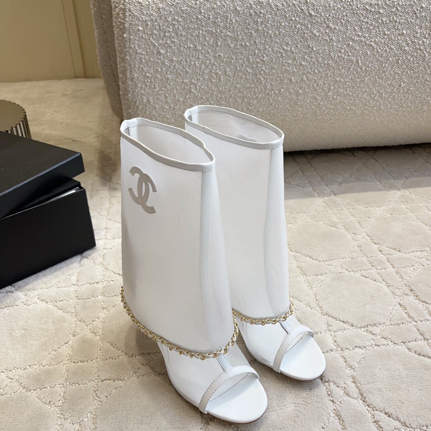CC Anklet Stiletto Boots White Mesh Lambskin 808105