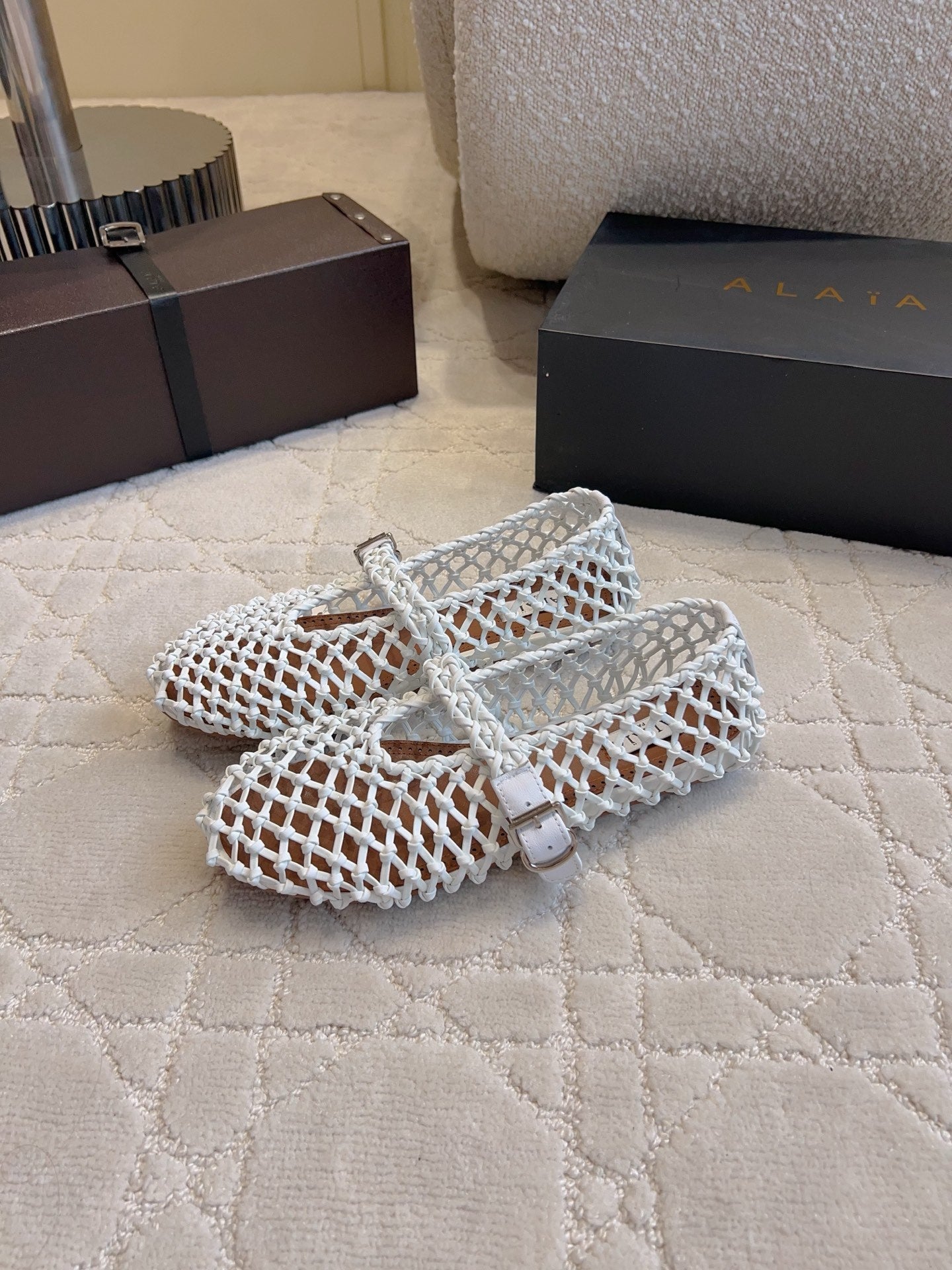 Alaïa Fishnet Ballet Flats White Sheepskin 851457