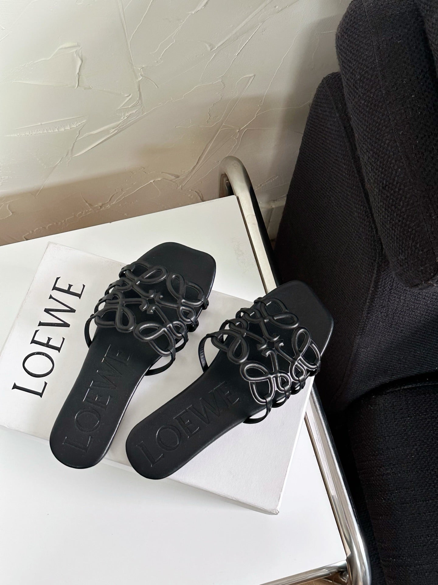 Petal Anagram Slide in Black Soft Calfskin 273512