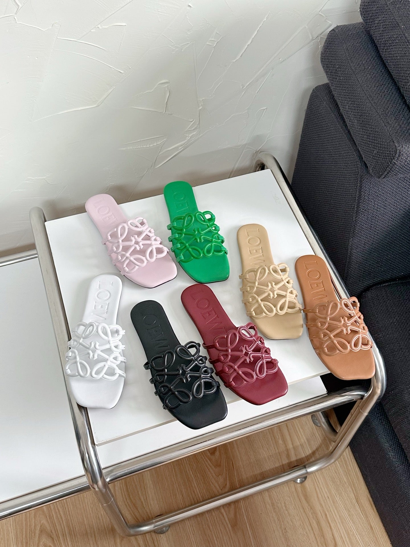 Petal Anagram Slide in Green Soft Calfskin 273514