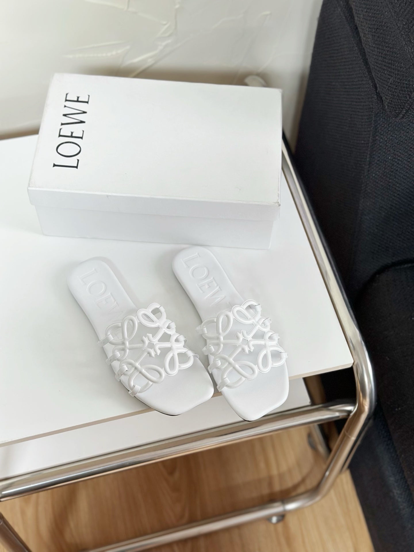 Petal Anagram Slide in White Soft Calfskin 273513