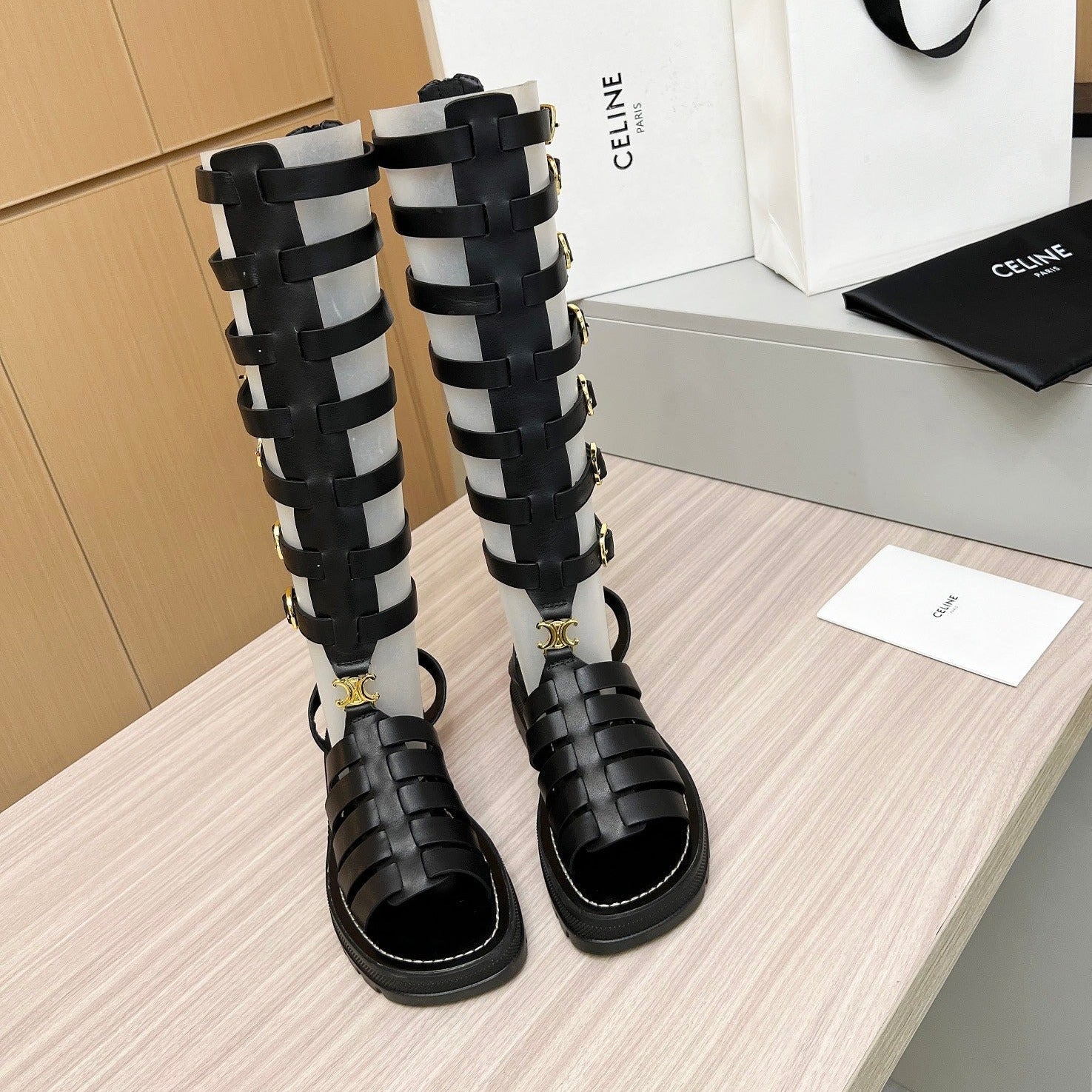 Triomphe high boots leather buckles Black