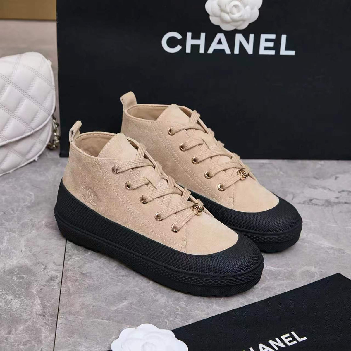 Chanel 26s Mid Sneakers Beige Suede 168232