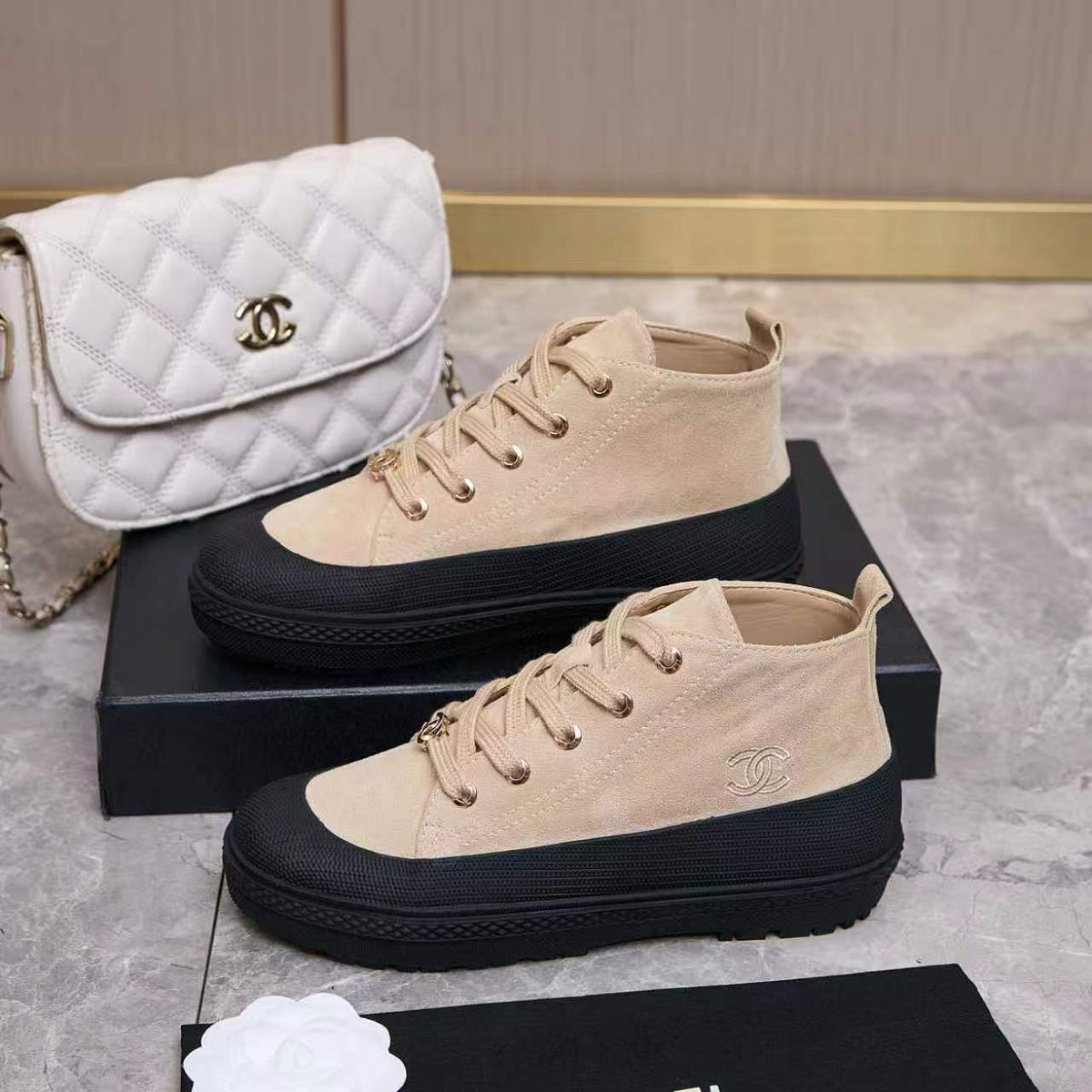 Chanel 26s Mid Sneakers Beige Suede 168232