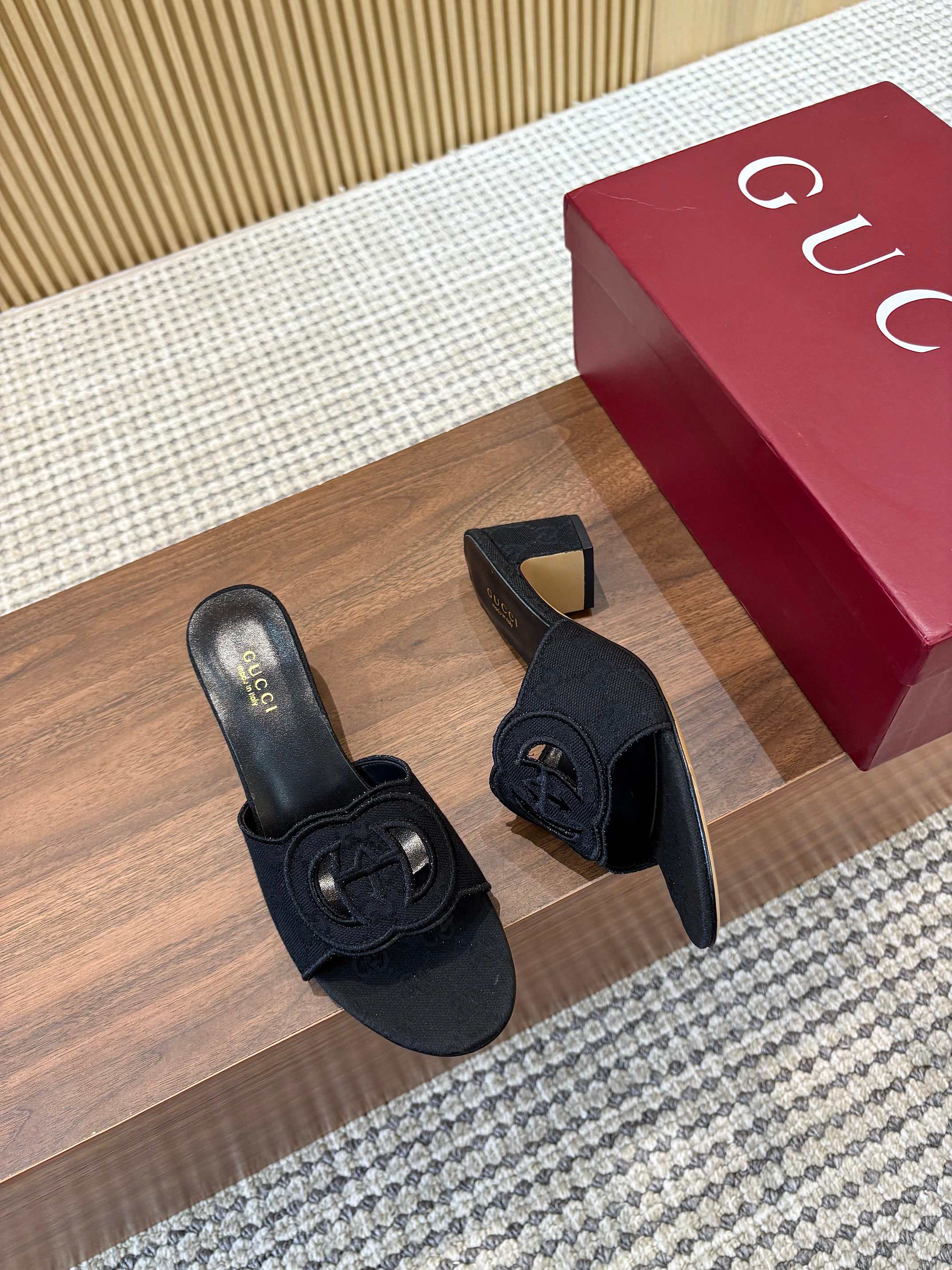 GG Interlocking G Cutout Sandals 5.5cm Black Canvas 646502