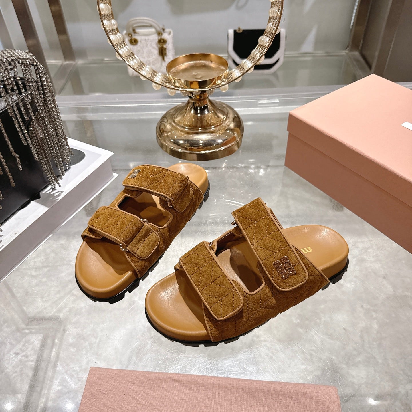 Miu Comfort Sandals Brown Quilted Suede 751302