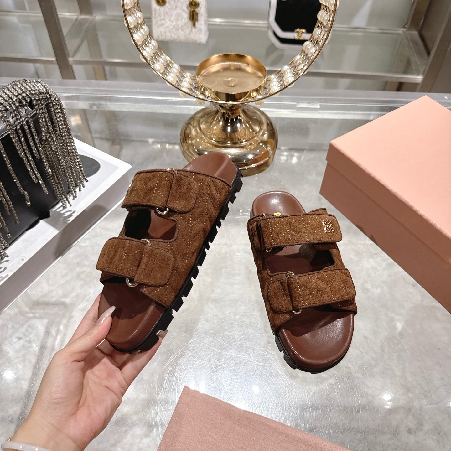 Miu Comfort Sandals Coffee Quilted Suede 751304