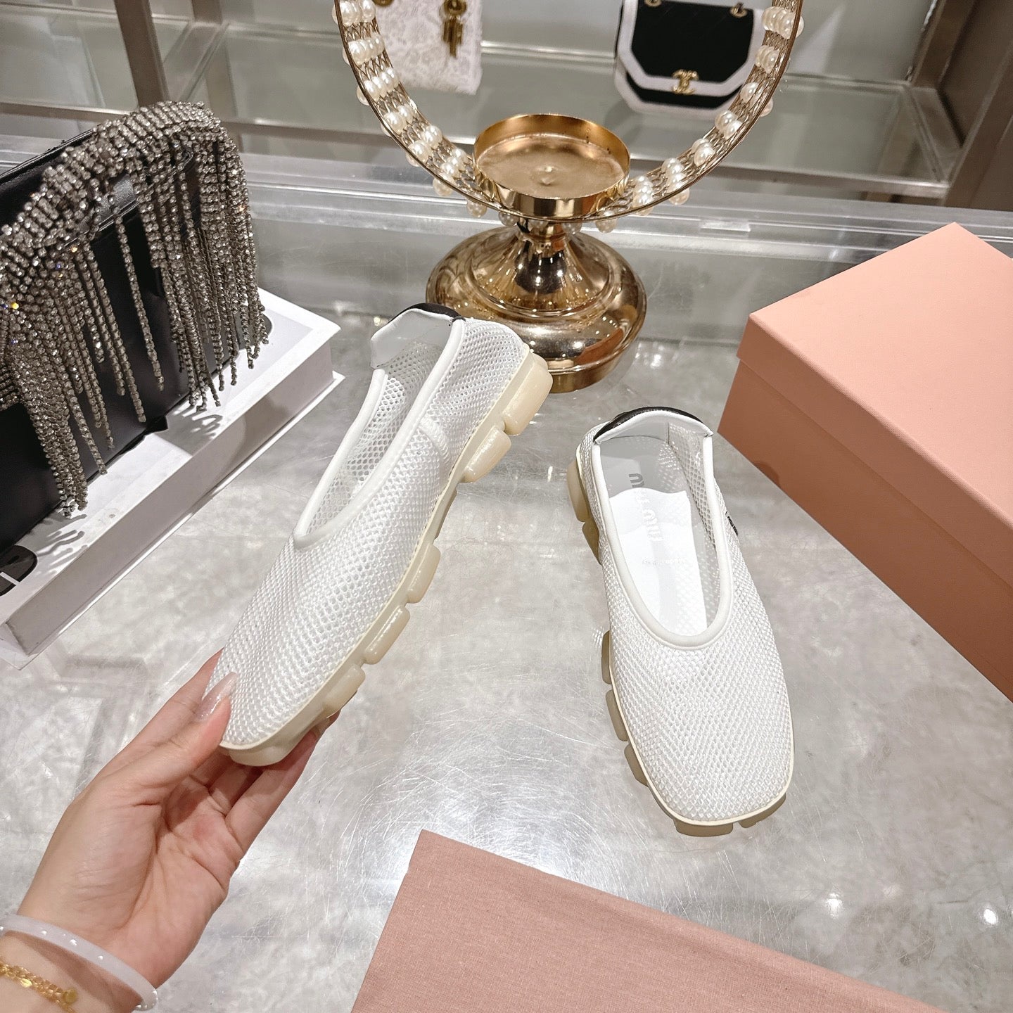 Miu Ballerinas White Black Technical Mesh Leather 751306