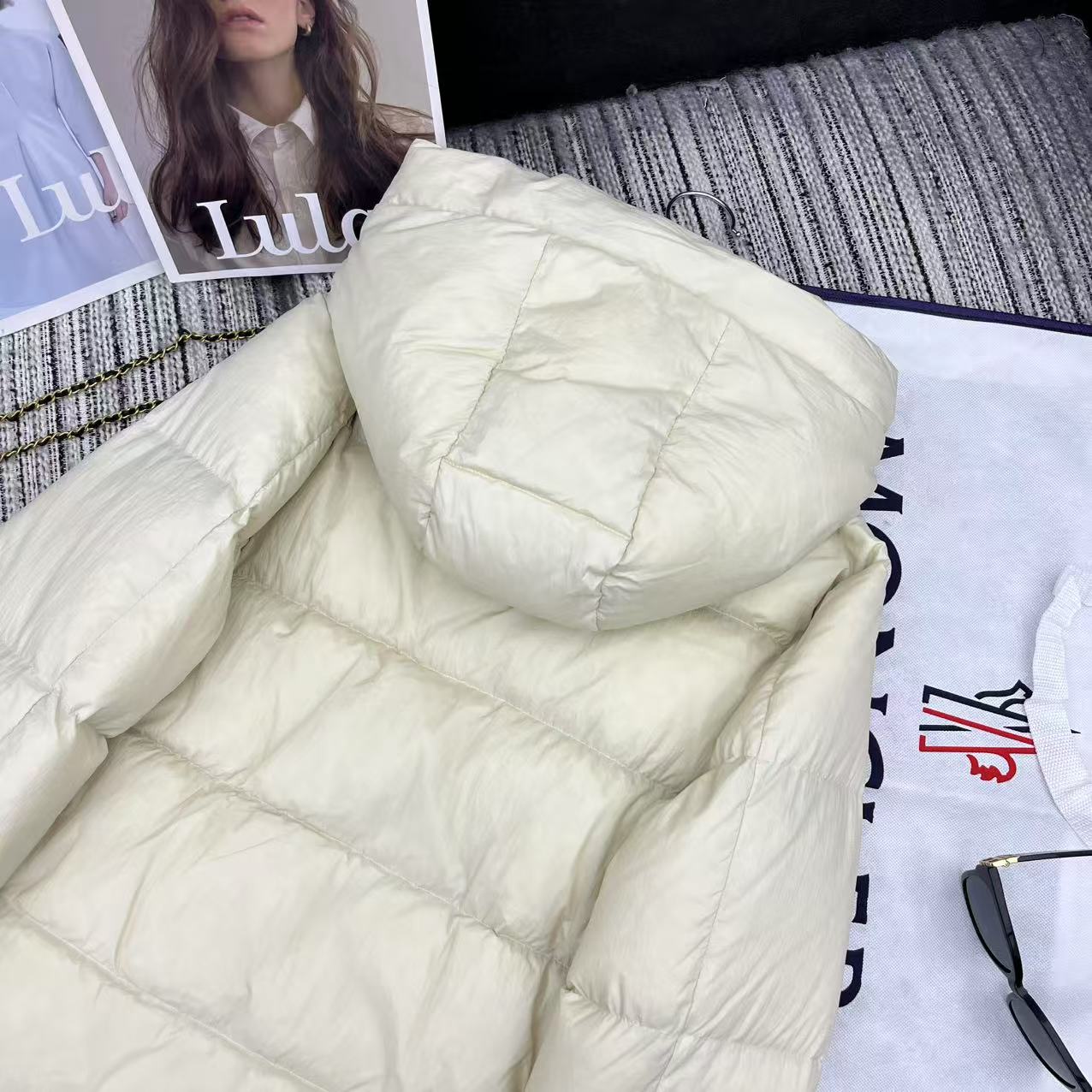 MC Hooded Doll-Style Long-Sleeved Down Jacket Beige