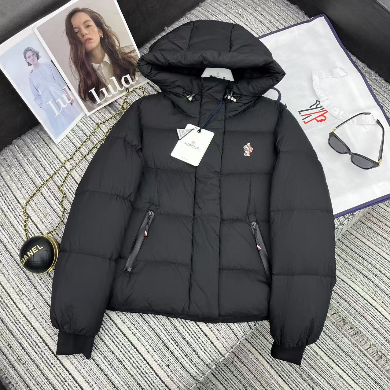 MC Hooded Doll-Style Long-Sleeved Down Jacket Black